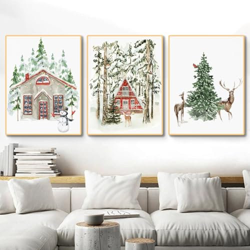champracer Winter-Schneelandschaft,3er Weihnachts-Poster Set, Winter Bilder, Elch, Holzhaus,Rote Weihnachten Boho Bilder Set, Ohne Rahmen Print Kunstposter, Wandbilder (50 x 70 cm,Elch)