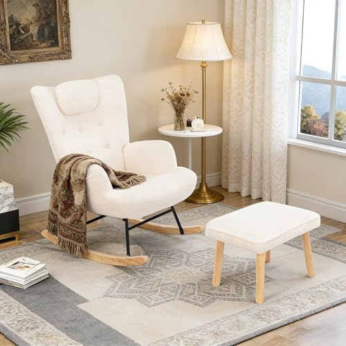 Générique Fauteuil à Bascule en Tissu Peluche, Chaise a basule avec Appui-tête, Poche latérale et Repose-Pieds, Rocking Chair, Fauteuil de Salon à Bascule pour Salon, Chambre, Blanc