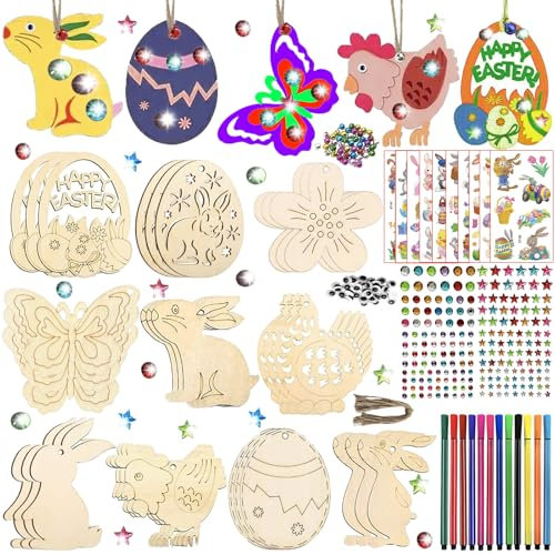 FZYESNO Ostern Basteln Kinder, DIY Osterdeko, 342Pcs Ostern Basteln für Holz, Ostergeschenke Kinder,Holzanhänger Zum Bemalen, Bastelset Ostern mit Aquarellstifte, Glöckchen, Augen, Strasssteine, etc