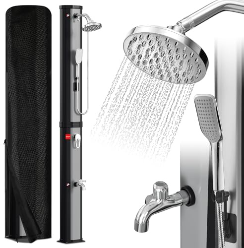 Eulenke Doccia solare 60 l, doccia solare da giardino con soffione a pioggia a 360°, rubinetto e doccetta a mano, acqua calda max. 60 °C, senza collegamento di alimentazione, doccia con tappo di