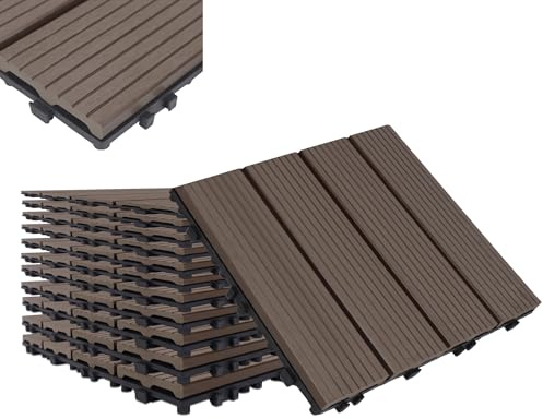 HENGMEI Lot de 22 dalles de terrasse pour 2 m² WPC 30 x 30 cm Aspect bois – Carreaux de balcon, jardin à clipser avec drainage (lot de 22, marron)