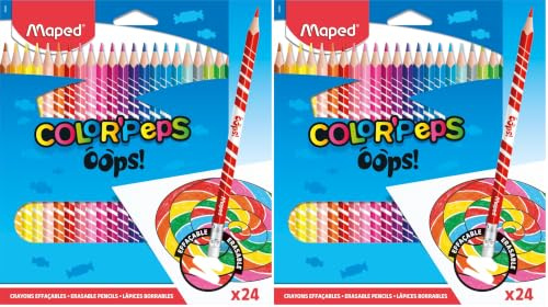 MAPED Couleur Oops Color'Peps-24 Coloriage avec Embout Gomme Triangulaire Ergonomique-Pochette de 24 Crayons Effaçables en Résine, 832824 (Lot de 2)