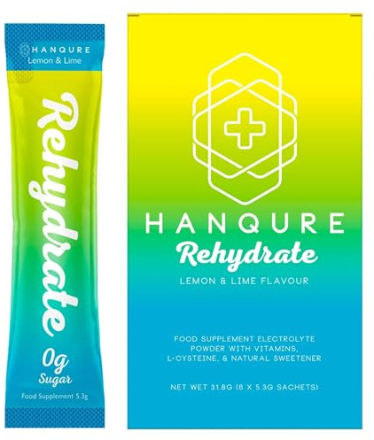 Hanqure Rehydate | Hydration Sachets with Electrolytes for Rehydration & Fast Recovery by Hanqure, Formally Hangcure. Sugar Free, Made in the UK. Contains 6 Single Serving Sachets (Lemon and Lime)