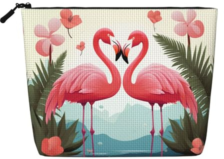 JEKYDOSD Palm Leaf And Flamingos Couple Print Fake Hemp Makeup Bag Waterproof Imitation Hemp Bag For Daily Life, Travel, And More