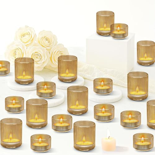 20 Pcs Ribbed Votive Candle Holders, Assorted Tea Light Candle Holder Glass for Wedding Table Decor, Candle Holders for Tea Party Decorations, Table Centerpieces, Brithday (Gold)