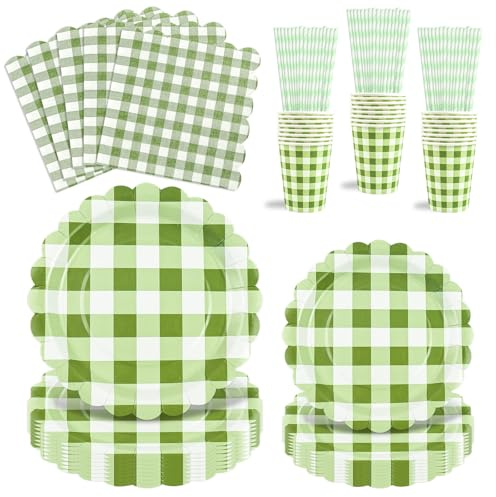 80 piezas de juego de vajilla de fiesta salvia y gingham, juego de platos y vasos de gingham para fiesta de té, cumpleaños, bodas, baby shower, decoración, aniversario