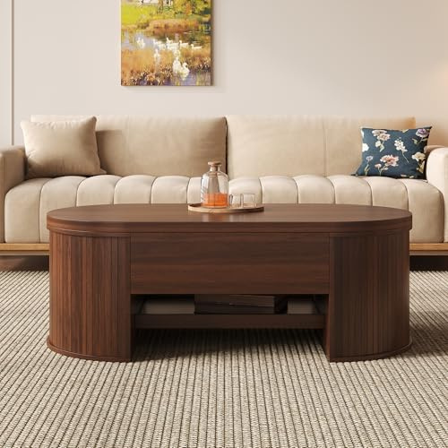 ModernLuxe Höhenverstellbarer Couchtisch 100×60×45 cm – Wohnzimmer Tisch mit gebogenen Holzseiten, ausziehbarem Regal, klappbarer Tischplatte Dunkles Holz