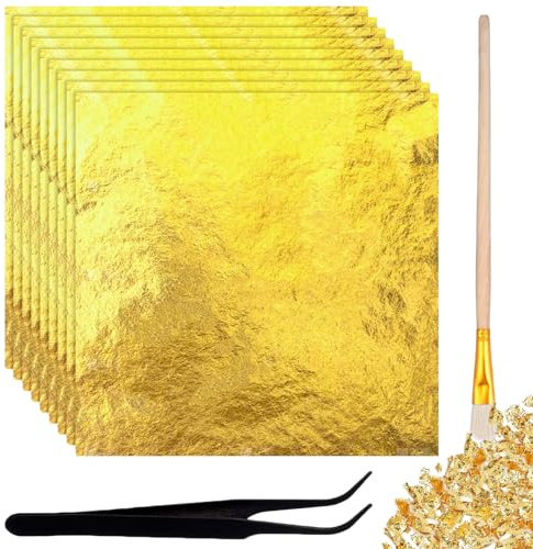 Lot De 200 Feuilles d'Or Imitation Avec Pince Et Pinceaux, 14 x 14 Cm Feuille d'Or Décoration De Gâteaux, Feuille d'Or Décoration De Gâteaux, Pour Travaux Manuels,Dorure,Peinture,Cuisine,Mousse,Gâteau