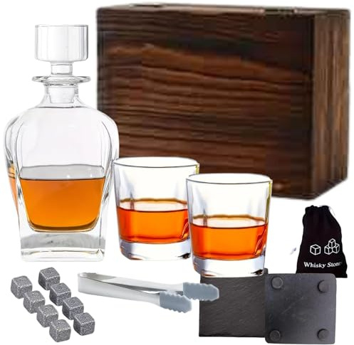 Whiskey Decanter Set 700ML Classic Carafe Whiskey Gift Sets for Men Whisky Set Glass Gifts for Men Inc. 2 Whiskey Glasses, 8 Whiskey Stones, Accessories