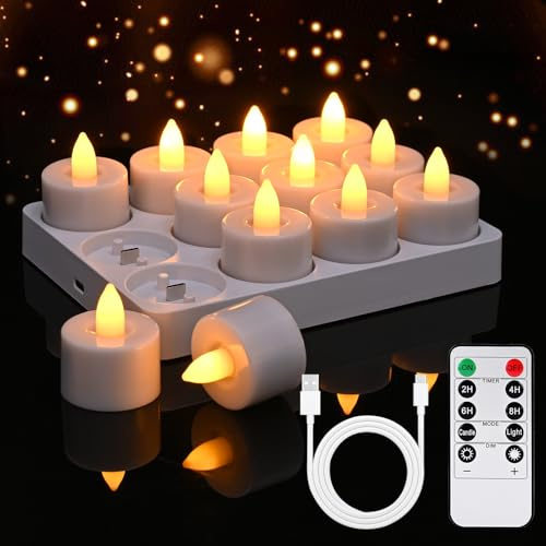 LED Kerzen, Diealles Shine 12er LED Teelichter mit Timer, Flammenlose teelicht mit timer, Teelichter Led Aufladbar für Hochzeiten Partys Weihnachten Halloween