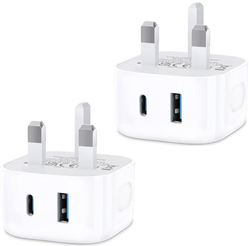 USB C Plug Fast Charge UK,Dual Port USB A and C Fast Charger Plug USBC for iPhone 17 Pro Max Air 16e 16 Plus Pro Max 15 14 13 12 11 SE Watch iPad Pro Mini Air,Type-C Ports Wall Charging Plugs,2Pack