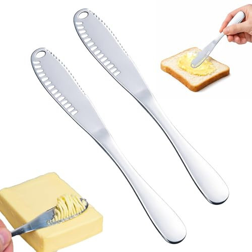 WQNNQW 2 Pièces Couteau A Beurre,Couteau À Beurre En Acier Inoxydable Avec Lame Dentelée Et Ajourée,Idéal Pour Rouler Le Beurre, Décorer Et Couper - Argent,15 Cm