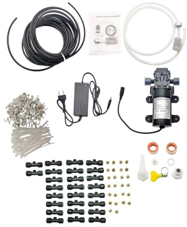 CYBERNOVA 18m Sistema de nebulización para exterior con kit de bomba de diafragma y 26 boquillas; filtrado, riego y reducción de polvo para patios, sombrillas, céspedes e invernaderos