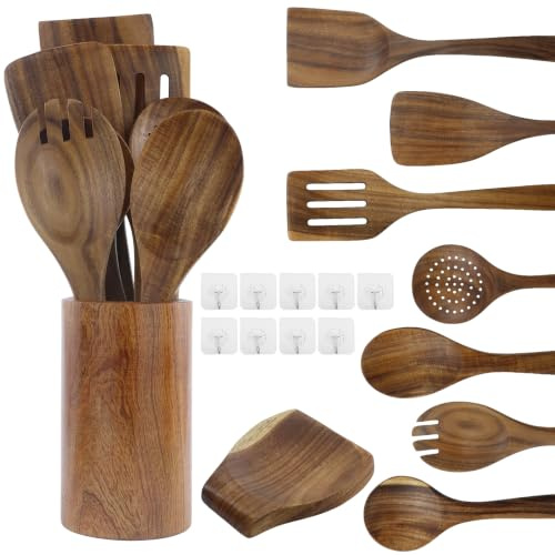 9 Pezzi Utensili Da Cucina Set,Cucchiai Di Legno Per Cucinare Set Con Supporto E Mestolo, Resistente Al Calore Mestoli in Legno Per Pan Antiaderente