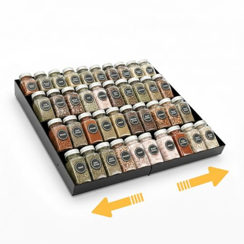 GOENDR Metal Spice Drawer Organiser, Expandable 4-Tier Spice Rack for Drawer, Adjustable Spice Drawer Insert Fits 29-58cm Wide Drawers, Large Capacity Holds up to 48 Spice Jars (Not Included), Black