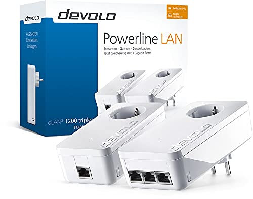 Devolo dLAN 1200 triple+ Powerline startkit, 1 200 Mbit/s internet via uttaget, 3 x gigabit-portar, 2 x Powerlan-adapter, integrerad uttag, PLC-nätverksadapter, vit