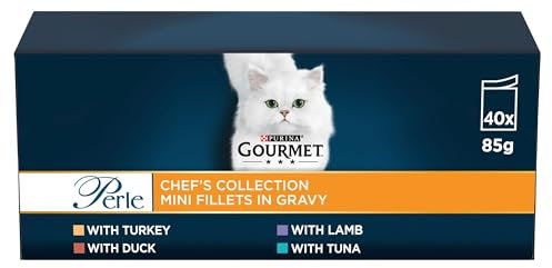 GOURMET Perle Chef's Collection Adult Wet Cat Food Mini Fillets in Gravy Variety Turkey, Tuna, Duck, Lamb 40 x 85g Pouches