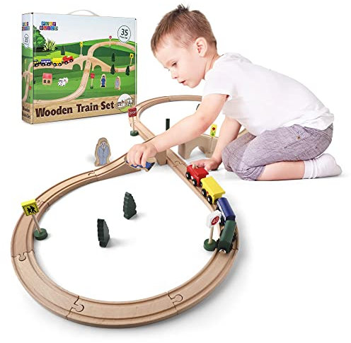 Play Build Tågset av trä, komplett tågset för småbarn, 35-delat interaktivt lek- och lär-set, Kreativ tågspårsdesign i trä, premiumkvalitet, åldrar 3+ (set med 35 delar)