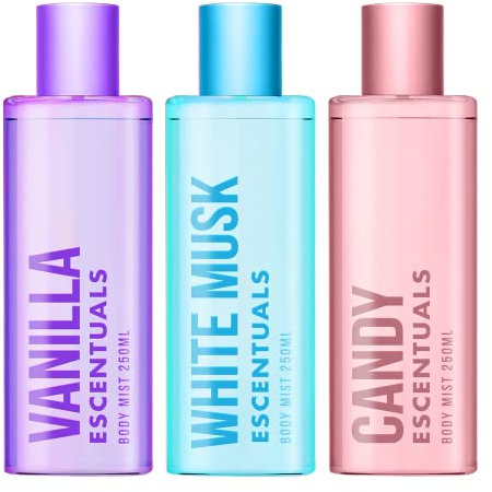 Escentuals Womens Candy Cloud Layering Set, Vanilla, White Musk and Candy Body Mist Spray Mixed Fragrance Bundle 250ml (Pack of 3)