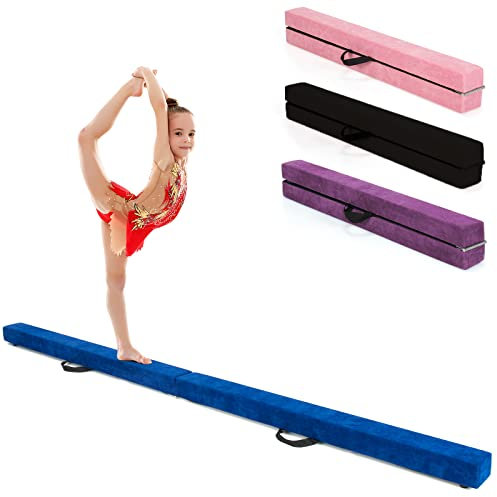 GYMAX Barra de Equilibrio para Niños 210 x 10 x 8 cm, Barra de Gimnasia Plegable, Barra de Equilibrio Portátil con Asas de Transporte, Barra Equilibrio para Gimnasia Artistica y Fitness (Azul)