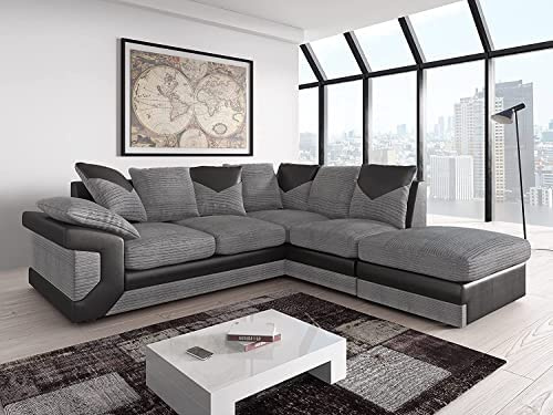 Amazing Sofas large grey corner sofa LARGE-DINO-CORNER-SOFA-GREY-BLACK-LEFT-HAND-SIDE-FOAM. Fire resistant as per British Standards, foam filled seats for comfort. (right arm side)