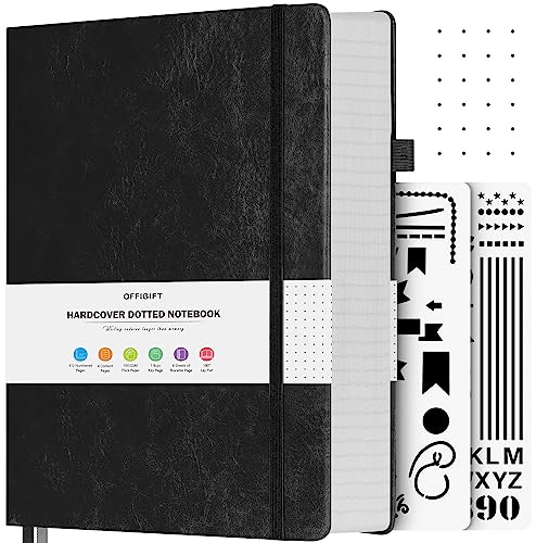 OFFIGIFT Dotted Journal Notebook, 312 Numbered Pages Large B5 Hardcover Leather Notebook, 100gsm No Bleed Paper Dot Grid Notebook with Index Pages, Dot Journal for Women Men, 7.6'' X 10'', Black