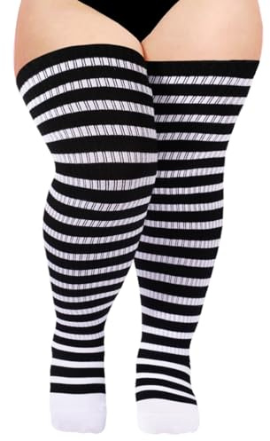 Moon Wood Plus Size Thigh High Socks for Women Knit Cotton Extra Long Striped Over the Knee High Socks Leg Warmers