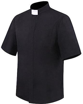 Halloween Misionero Rolle, sacerdote Cosplay, camisa negra de manga corta, camisa gótica punk para hombre, camisa de sacerdote con pestaña, cuello de culo, sacerdote, clero, camisa negra