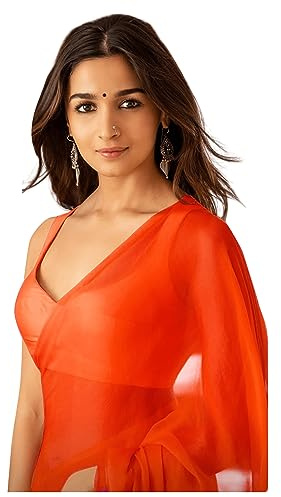 Sidhidata Dam enkel ren Georgette sari med osydd blusstycke (Rocky Aur Rani Ki Prem Kahani Alia Bhatt Saree), Kesari, one size