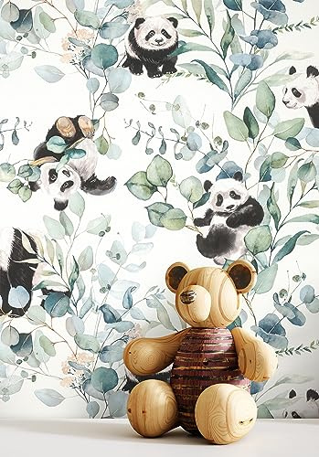 Newroom Tapete Grün Vlies Panda Eukalyptus - Kindertapete Verspielt Blätter für Kinderzimmer Babyzimmer