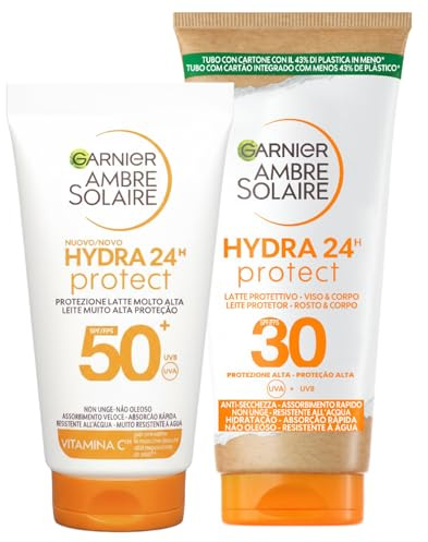 Garnier Ambre Solaire Hydra 24H Protect Feuchtigkeitsspendende Sonnenschutz-Milch SPF 30 Hoher Schutz + Sonnenmilch SPF 50+ Sehr Hoher Schutz mit Vitamin C - 2er Pack à 50ml Flaschen