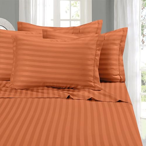 Elegant Comfort Softest and Coziest 6-Piece Sheet Set - 1500 Premium Hotel Quality Microfiber - Deep Pocket, Wrinkle Resistant 6-Piece Damask Stripe Bed Sheet Set, Queen, Coral
