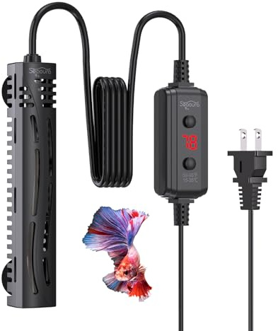 SEAOURA Small Aquarium Heater, 50W Mini Fish Tank Heater, Adjustable Submersible Aquarium Heater with External Digital Controller for Turtle, Betta, Freshwater, Saltwater, 5-15 Gallon