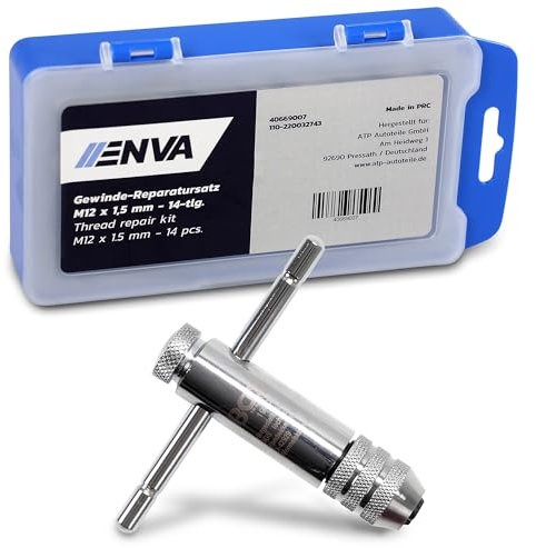 ENVA Gewinde Reparatursatz 14TLG. M12 x 1,5 mm + Werkzeughalter mit Gleitgriff für Gewindebohrer M3 - M10 80mm Helicoil Set für einfache und präzise Gewindeerneuerung