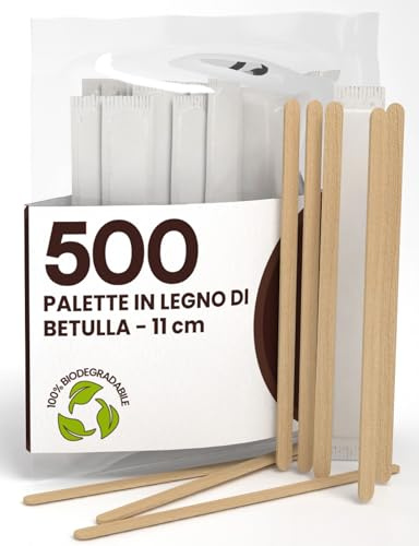 500 Palette Lunghe per Caffè e Cappuccino Monouso in Legno di Betulla da 11cm - Imbustate Singolarmente, Biodegradabili e Compostabili, Resistenti al Calore per Mescolare Caffè e Bevande