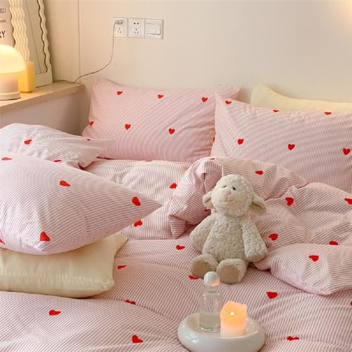 Lanqinglv Ropa de cama de 220 x 240 cm, diseño de corazones rosas a rayas, ropa de cama infantil de microfibra, funda nórdica con cremallera y 2 fundas de almohada de 80 x 80 cm