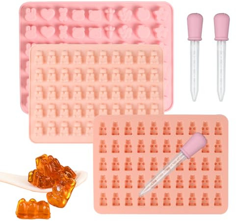 3 Pack Silicone Chocolate Molds, Reusable Candy Baking Mold Ice Cube Trays Candies Making Supplies with 3 Droppers, Nonstick Silicone Gummy Molds, Jelly Moulds