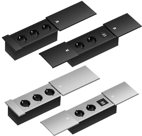 Onpira® Einbausteckdose Slim in 2 Farben Silber oder Schwarz und in 25 Ausführungen 2x Schuko, 3x Schuko + 1x Internet, 4x Schuko oder 3x Schuko + 2x USB auswählbar (Modell A / 2-Fach, Silber)