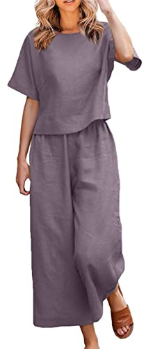 Linen Sets for Women 2 Piece Outfits Ladies Summer Tops Short Sleeve Round-Neck Casual Loose Fit Plain T-Shirt & Loose Wide Leg Pants Casual Tracksuit Leisurewear