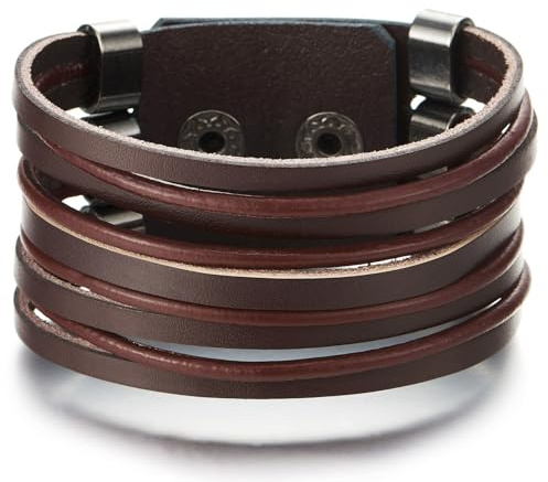 COOLSTEELANDBEYOND Breiten Leder Armband, Herren Damen Multi-Strang Leder Schweißband Armband mit Snap Taste, Minimalistischen
