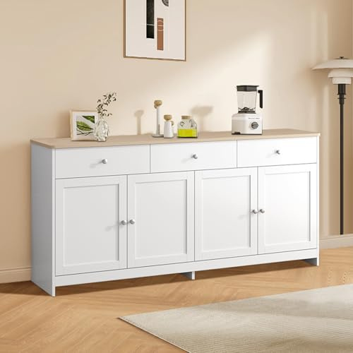 ADFUNIT Küchenschrank, Sideboard mit 3 Schubladen und 4 Türen, Buffetschrank mit Verstellbare Ablage, Küchenkommode für Wohnzimmer Küche Esszimmer, Natur & Weiß