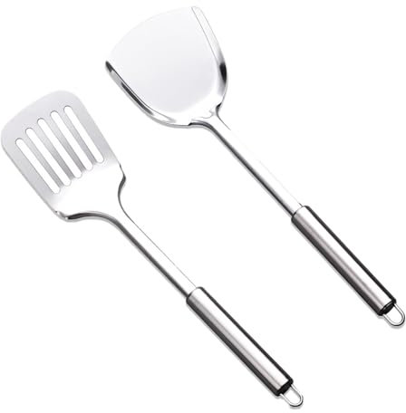 2 espátulas de acero inoxidable, espátula duradera con agujeros colgantes, espátula de acero inoxidable y espátula de cocina con flores, juego para muebles de cocina de restaurante