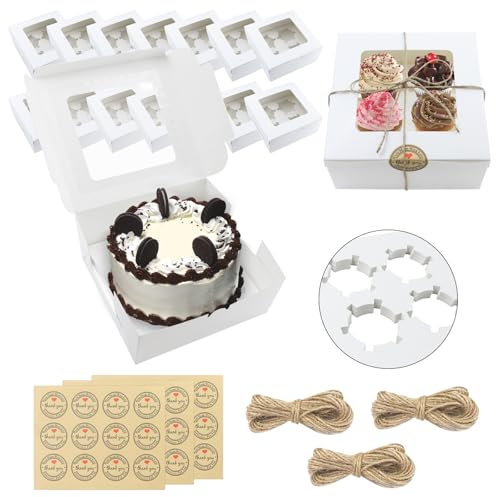 Cupcake Boxes 4 Hole, 30 Packs Multifunction White cupcake boxes with Window Inserts 36 Stickers and 30m Hemp Rope 6 Inch cake box 4 Hole Cake Treat Muffin Boxes for Cupcakes Pastries Brownies