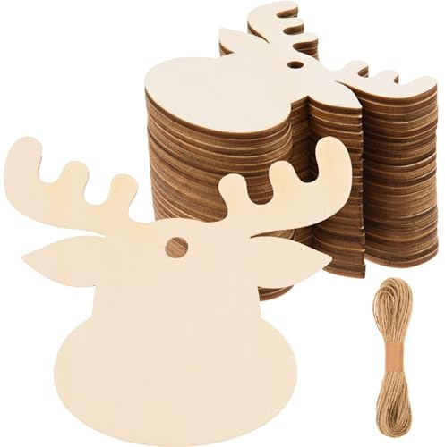 Rentierkopf-Ornamente aus Holz, unlackiert, mit Loch, blanko, mit Bindfaden, für Bastelarbeiten, Geschenkanhänger, Urlaub, Weihnachtsbaumdekoration, 48 Stück