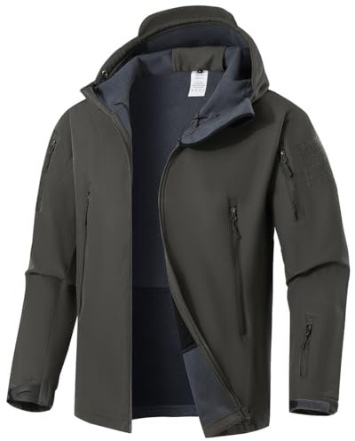 WINKEEY Giacca da Uomo Giacca Softshell con Cappuccio Autunno Invernale Giacca esterna impermeabile e antivento foderata in pile caldo,grigio M