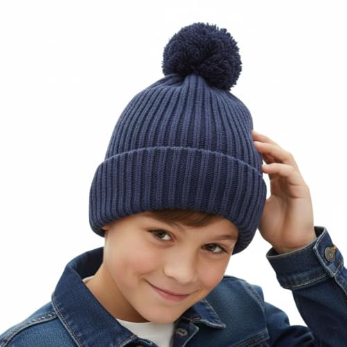 A2Z 4 Kids Flickor Pojkar Hattar Räfflad Stickad Bobble - Hat KH1027 Navy 7-10