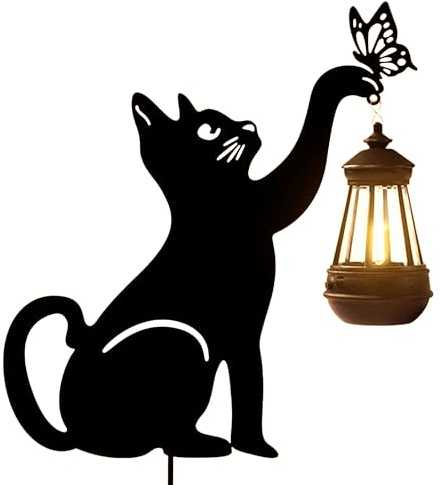 Hunde Pfahl Aus Metall, Dekorativer Hunde Pfahl für Draußen, Dekoratives Einweihung Ornament Aus Metall für Hof, Gehweg, Rasen, Terrasse, Geschenkideen für Halloween, Weihnachten (Schwarze Katze)