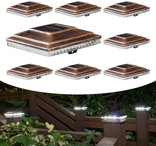 Solar Post Cap Lights,Outdoor Deck Fence Post Lights,Powerful Lithium Battery 20Lumens Two Light Modes Warm White/Bright White Suitable for 4x4 5x5 Wooden Posts,4x4 Viny Posts (Brushed Copper, 8pk)