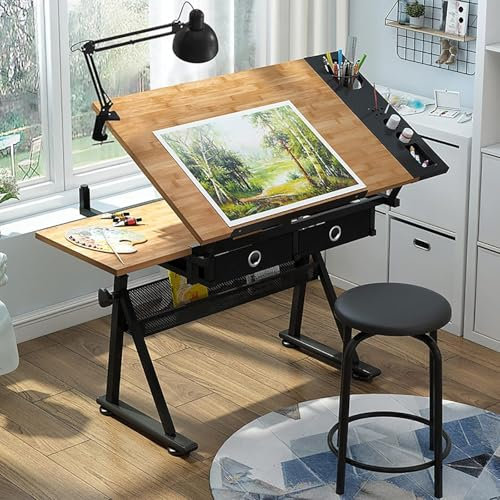 Zeichentische Verstellbarer Zeichentisch mit Hocker, kippbarer Zeichentisch, Zeichentisch aus Bambus/Holz, mit Tischplatte, mit Stauraum und Schubladen, Kunsttisch für