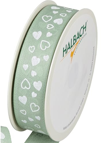 Halbach Geschenkband Herzen, 25 mm x 18 m, mint/weiß | Bedrucktes Schleifenband in Baumwoll-Optik mit Herzmotiv, Made in Germany und waschbar für Hochzeiten und Valentinstag